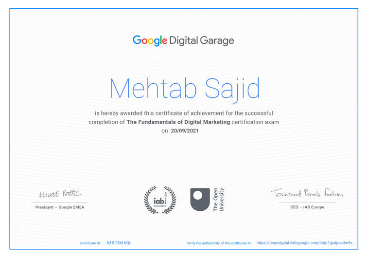 Mehtab Sajid Google Digital Marketing certificate