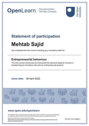 Open university Entrepreneurial Behaviour Certificate
